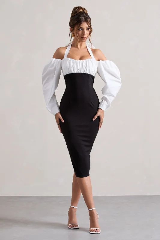 Couture Client | Black Halter-Neck Puff Sleeve Midi Dress