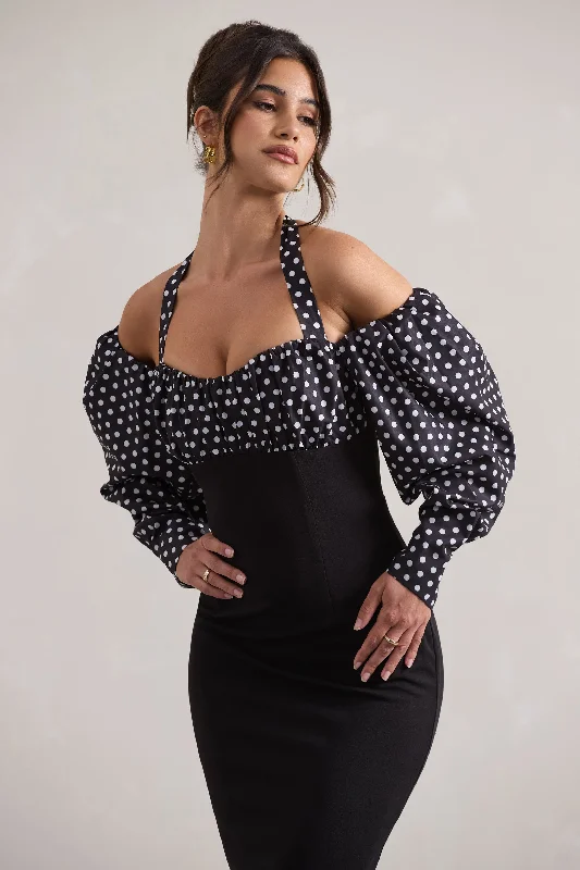 Couture Client | Black & White Polka Dot Halter-Neck Puff Sleeve Midi Dress