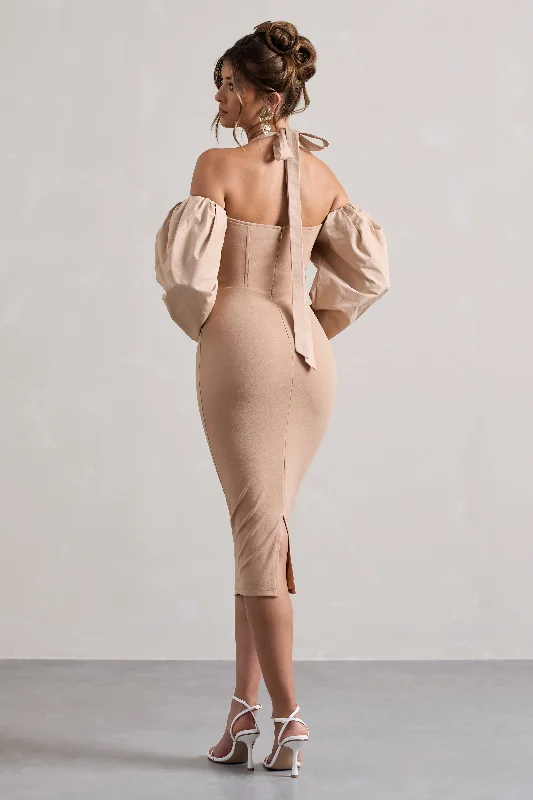 Couture Client | Champagne Halter-Neck Puff Sleeve Midi Dress