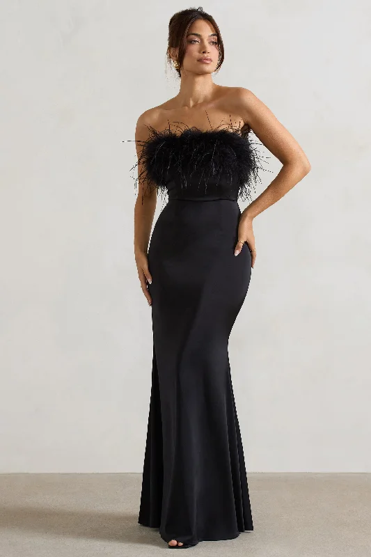 Dress For It | Black Satin Feather Trim Maxi Dress