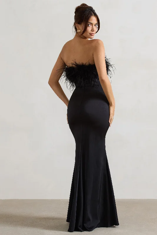 Dress For It | Black Satin Feather Trim Maxi Dress