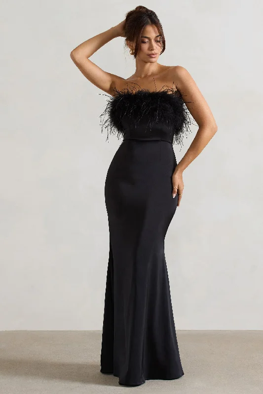 Dress For It | Black Satin Feather Trim Maxi Dress