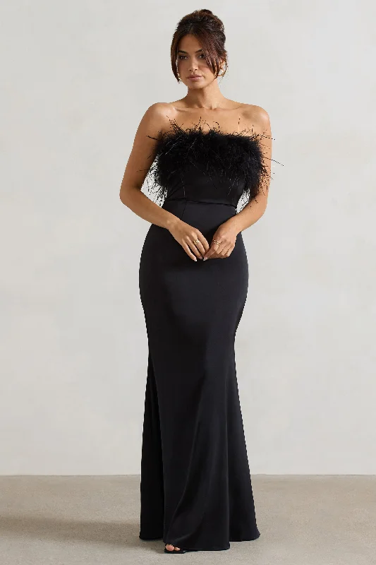 Dress For It | Black Satin Feather Trim Maxi Dress