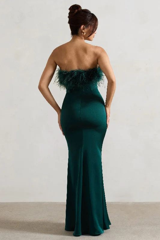 Dress For It | Bottle Green Satin Feather Trim Maxi Dress