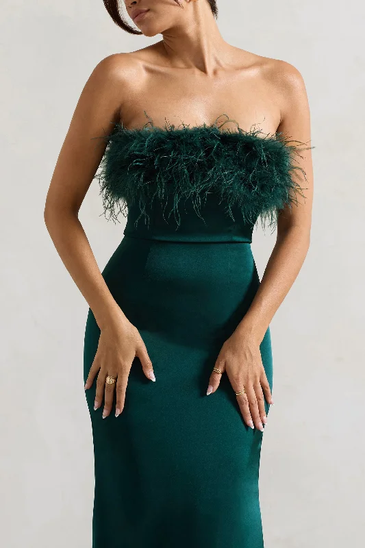 Dress For It | Bottle Green Satin Feather Trim Maxi Dress