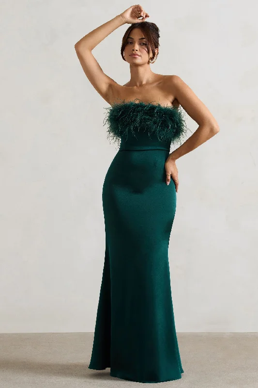 Dress For It | Bottle Green Satin Feather Trim Maxi Dress