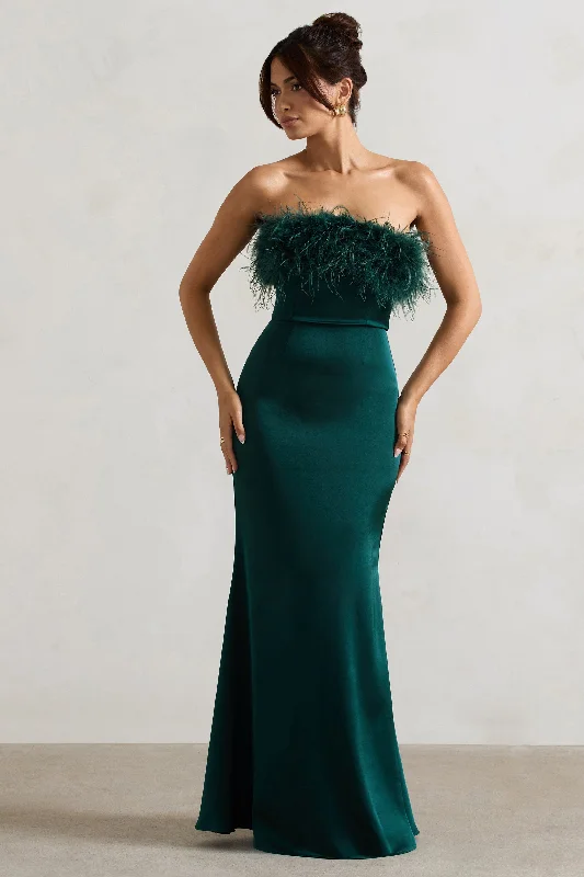 Dress For It | Bottle Green Satin Feather Trim Maxi Dress