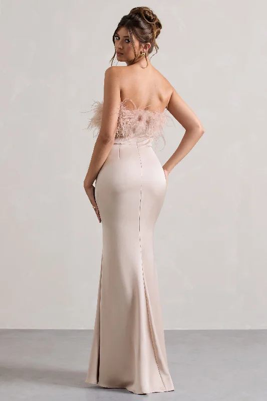 Dress For It | Champagne Satin Strapless Feather Trim Maxi Dress