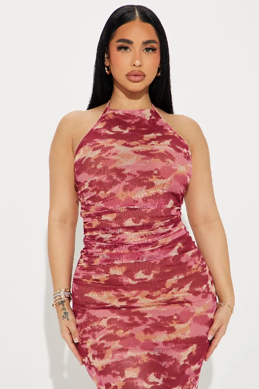 Inaya Mesh Midi Dress - Fuchsia