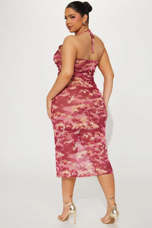 Inaya Mesh Midi Dress - Fuchsia