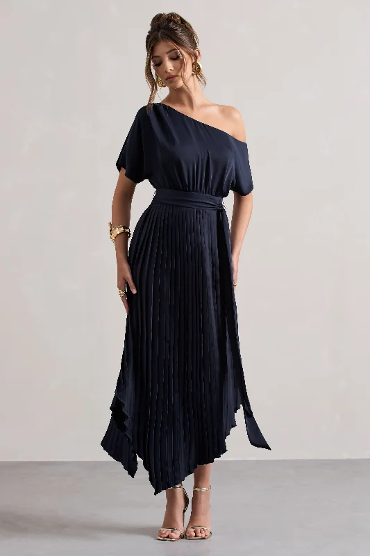 India | Navy Satin Asymmetric Plisse Maxi Dress