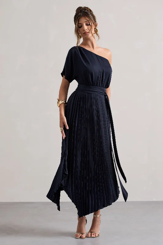 India | Navy Satin Asymmetric Plisse Maxi Dress