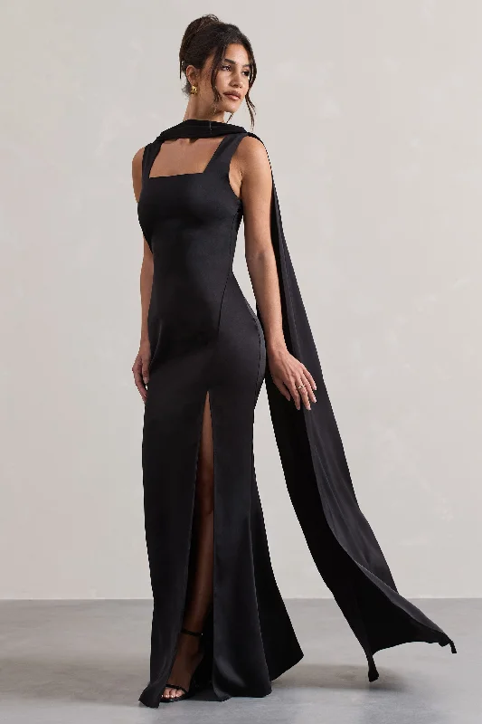 Intuition | Black Satin Square-Neck Split Maxi Dress With Scarf