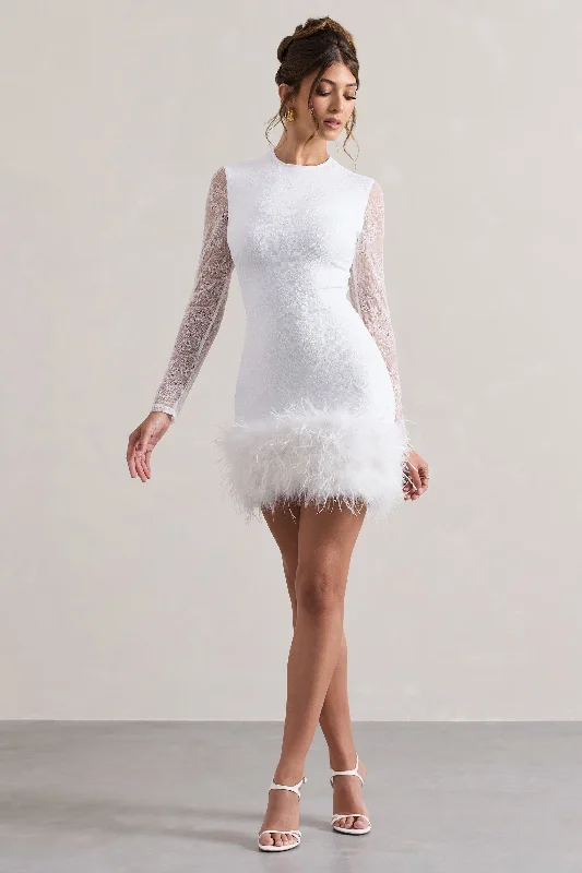 Mariana | White Lace Long-Sleeve Mini Dress With Feather Trim