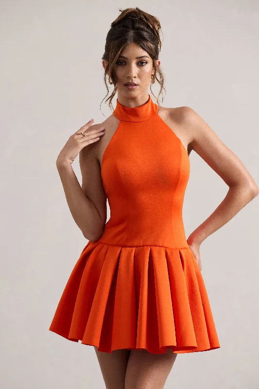 Masterpiece | Orange High-Neck Mini Dress With Volume Hem