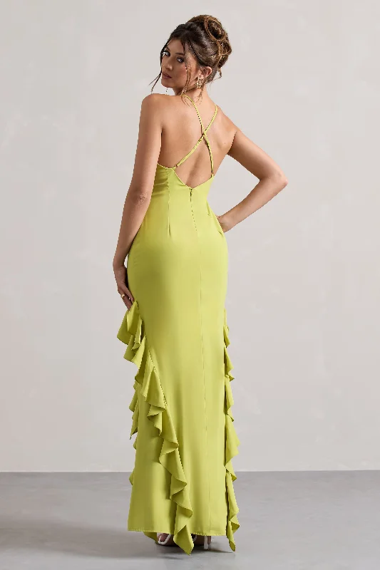 Sommer | Lime Green Racer-Neck Ruffle Maxi Dress