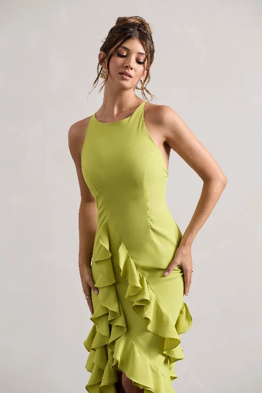 Sommer | Lime Green Racer-Neck Ruffle Maxi Dress