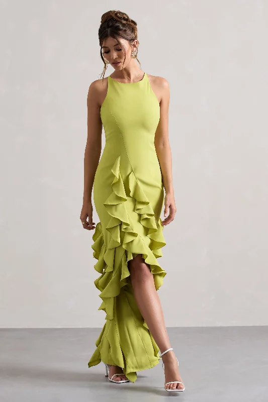 Sommer | Lime Green Racer-Neck Ruffle Maxi Dress