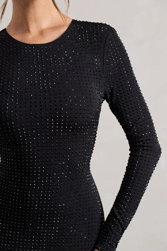 Stefani | Black Embellished Cowl-Back Long Sleeve Mini Dress