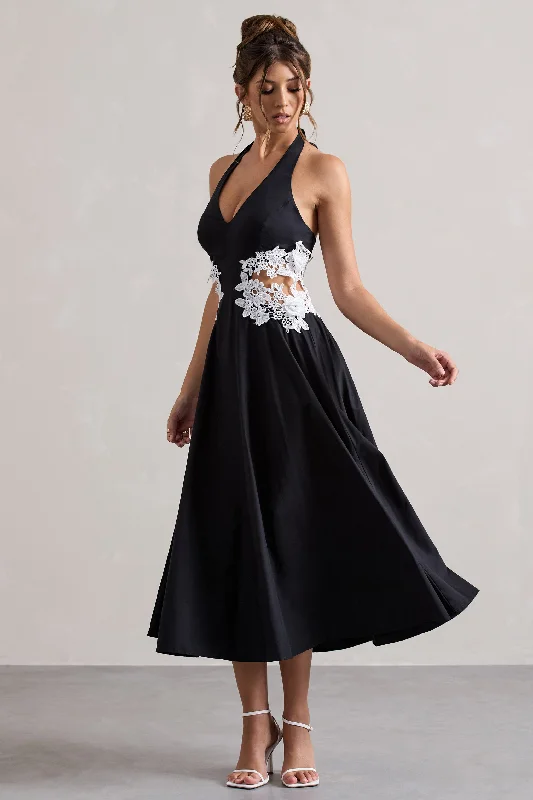 Windermere | Black Plunge Midi Dress With Floral Cut-Out