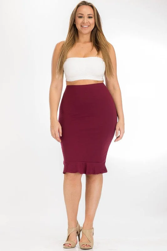 Pencil skirt ruffle hem Burgundy