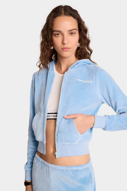 Health Ivy Velour Zipped Hoodie - Sky Blue/White