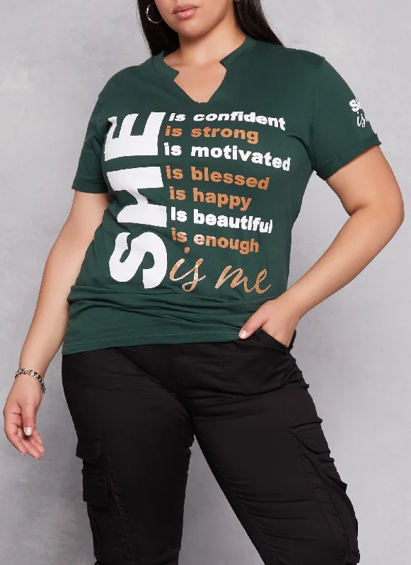 Plus Size She Is Me Notch Neck Graphic Tee