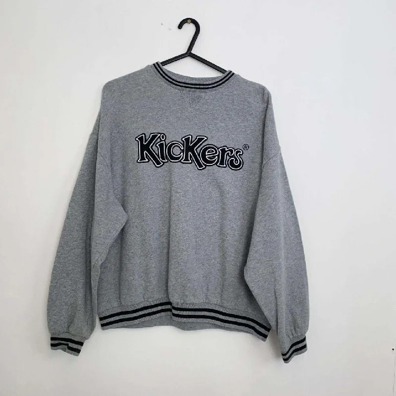 Preowned Kickers Sweatshirt Spellout Womens Size M Grey Boxy Fit Crew Embroidered Logo.