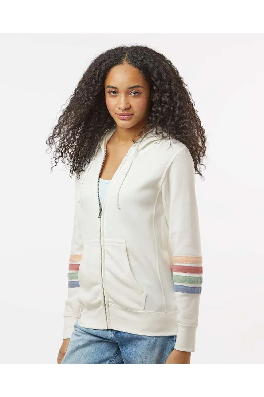 MV Sport Womens Striped Sleeves Full Zip Hooded Sweatshirt Hoodie - Ivory - NEW