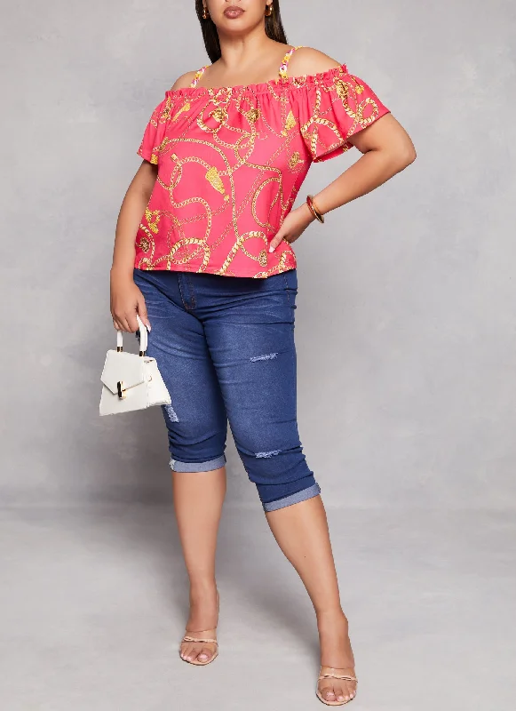 Plus Size Patterned Cold Shoulder Blouse