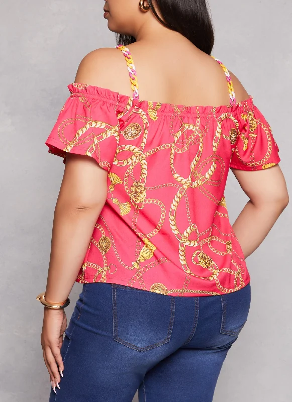 Plus Size Patterned Cold Shoulder Blouse