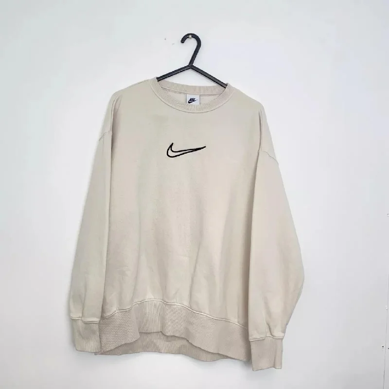 Preowned Nike Womens Retro Style Sweatshirt Size S Cream Loose Crew Swoosh Embroidered Big Logo.