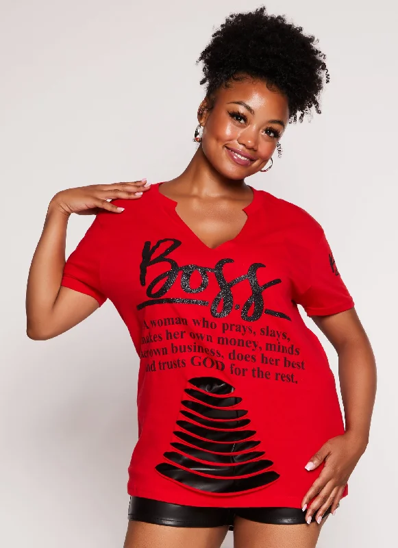 Plus Size Boss Glitter Graphic Laser Cut Tee