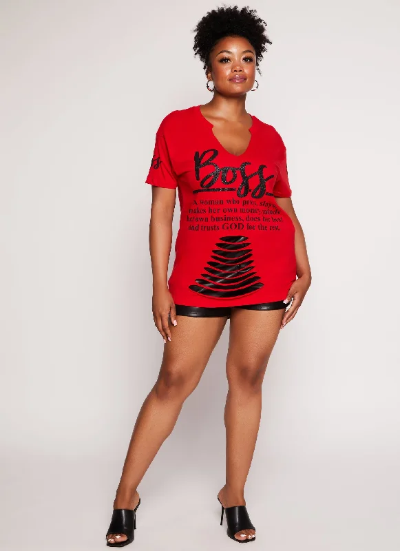 Plus Size Boss Glitter Graphic Laser Cut Tee