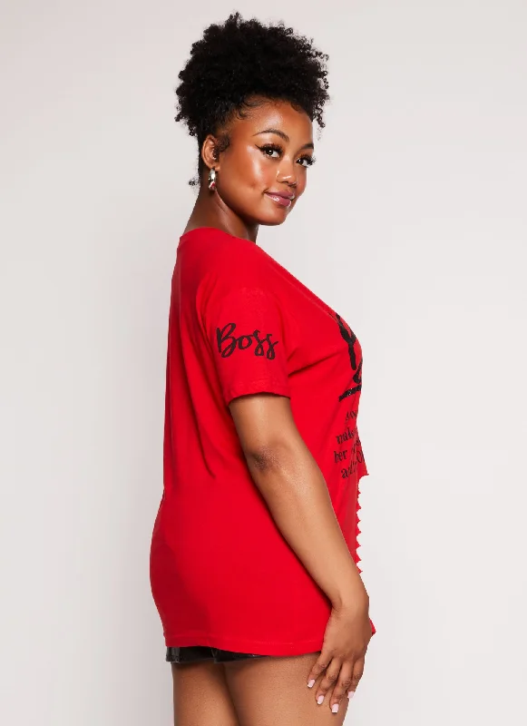 Plus Size Boss Glitter Graphic Laser Cut Tee