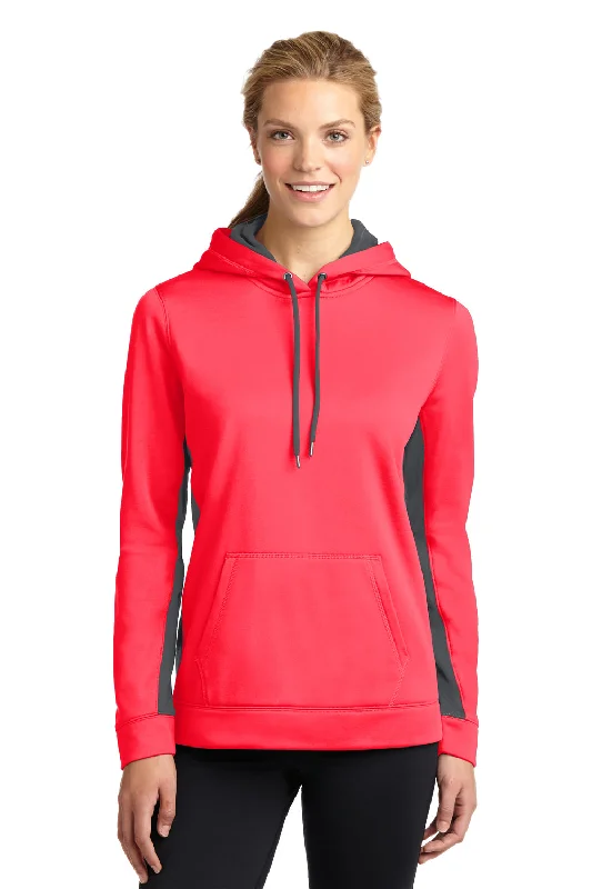 Sport-Tek Womens Sport-Wick Moisture Wicking Fleece Hooded Sweatshirt Hoodie - Hot Coral Pink/Dark Smoke Grey - Closeout