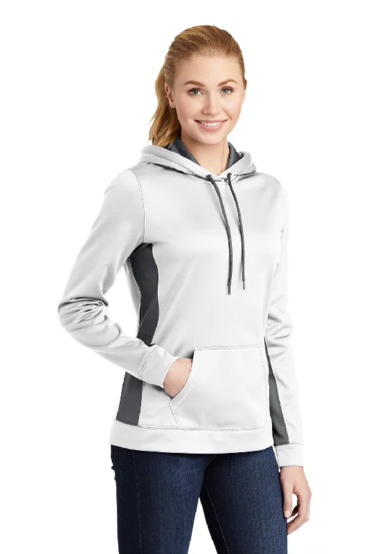 Sport-Tek Womens Sport-Wick Moisture Wicking Fleece Hooded Sweatshirt Hoodie - White/Dark Smoke Grey