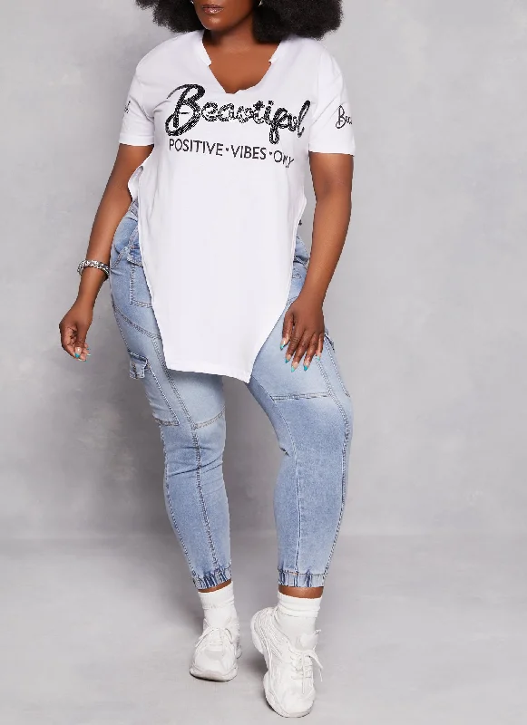 Plus Size Beautiful Hanky Hem Sequin Graphic Tee