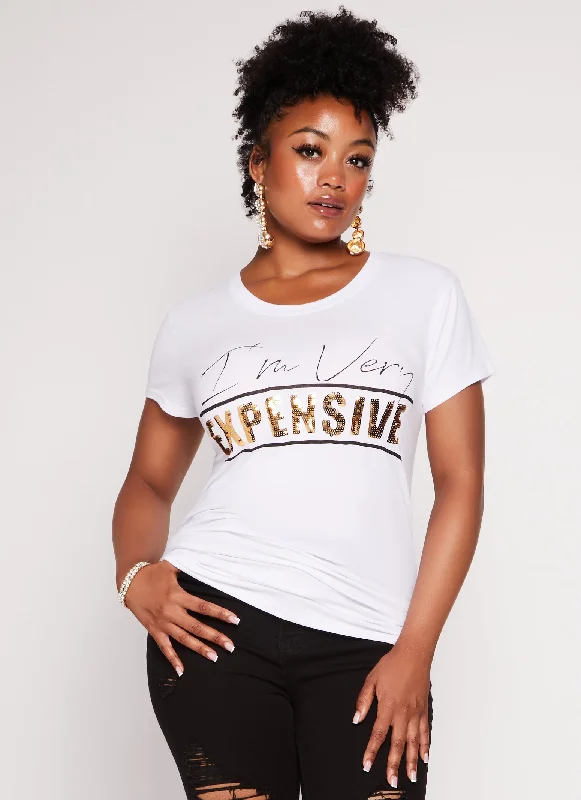 Plus Size Im Very Expensive Ruched Sequin Graphic Tee