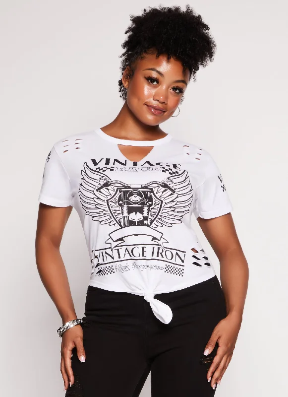 Plus Size Vintage Race Graphic Cut Out Tee