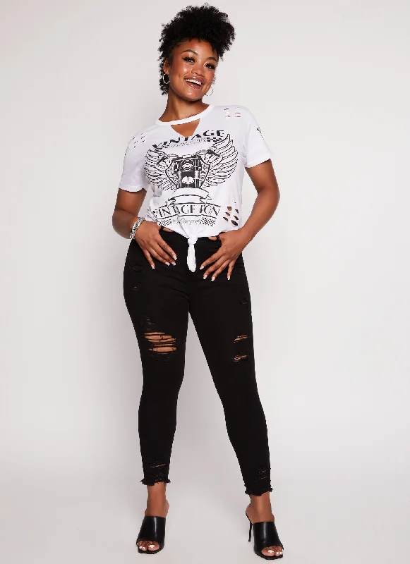 Plus Size Vintage Race Graphic Cut Out Tee