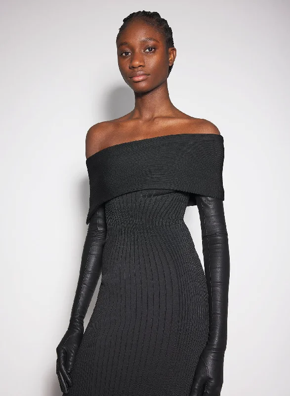 black off-shoulder sculpting knit dress