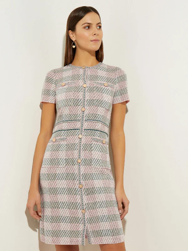 Bold Plaid Tweed Knit Sheath Dress, Rose Petal