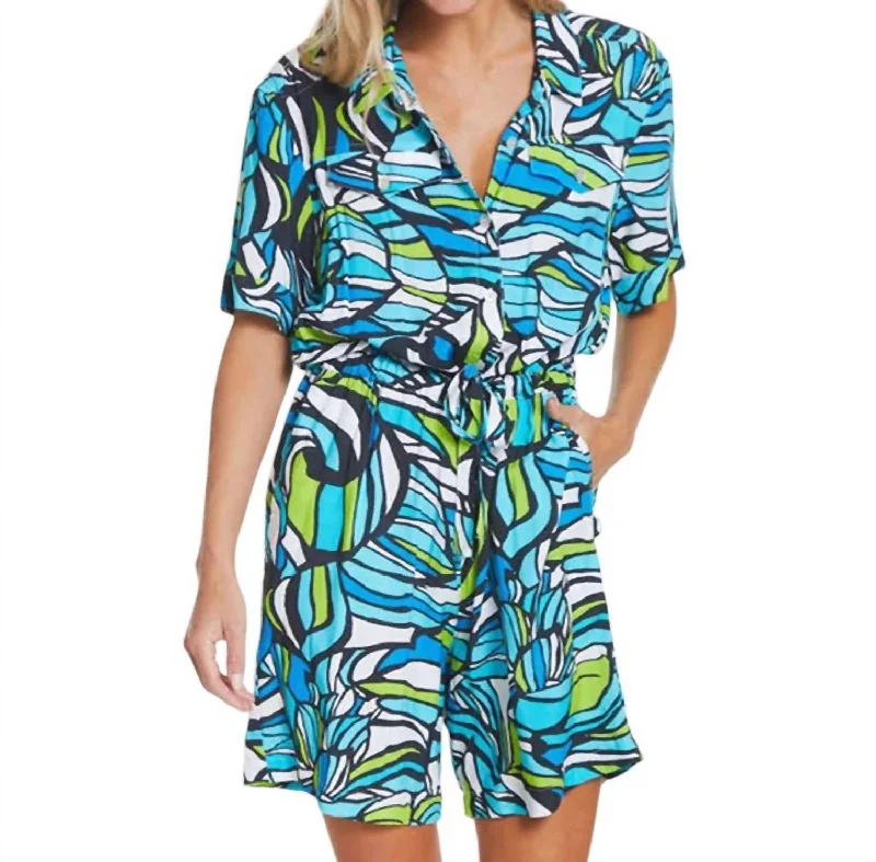 Cuffed Short Sleeve Romper In Abstract Multi