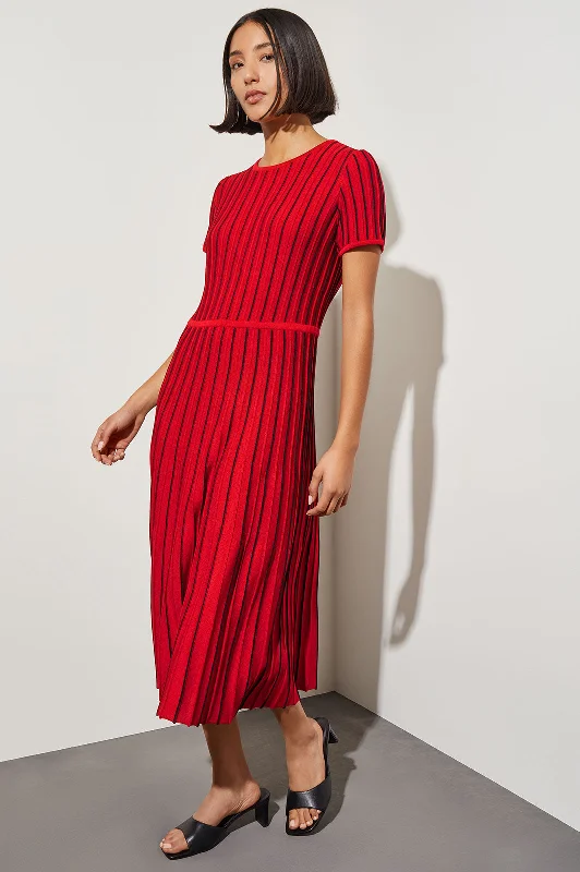 Jewel Neck Striped Flare Soft Knit Dress, Garnet