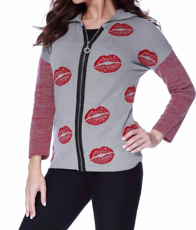 Kisses Me Hooded Cardigan In Gray/red