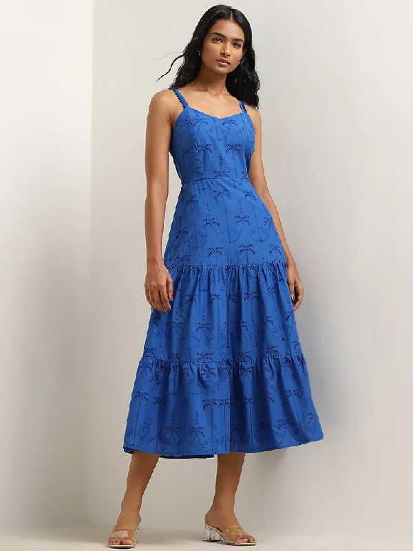 LOV Dark Blue Schiffli Design Tiered Cotton Dress