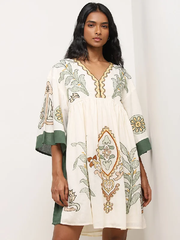 LOV Off-White Embroidered A-Line Blended Linen Dress