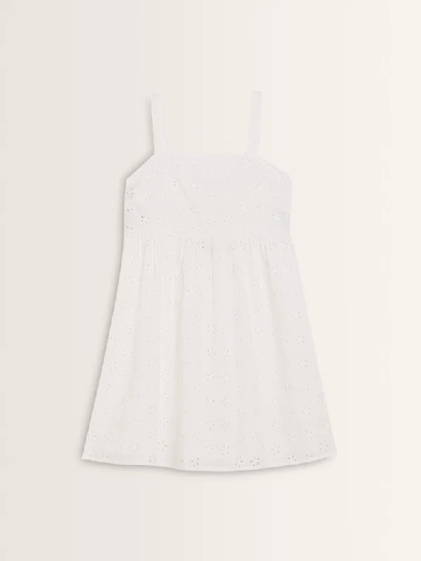 Nuon White Schiffli Design A-Line Cotton Dress