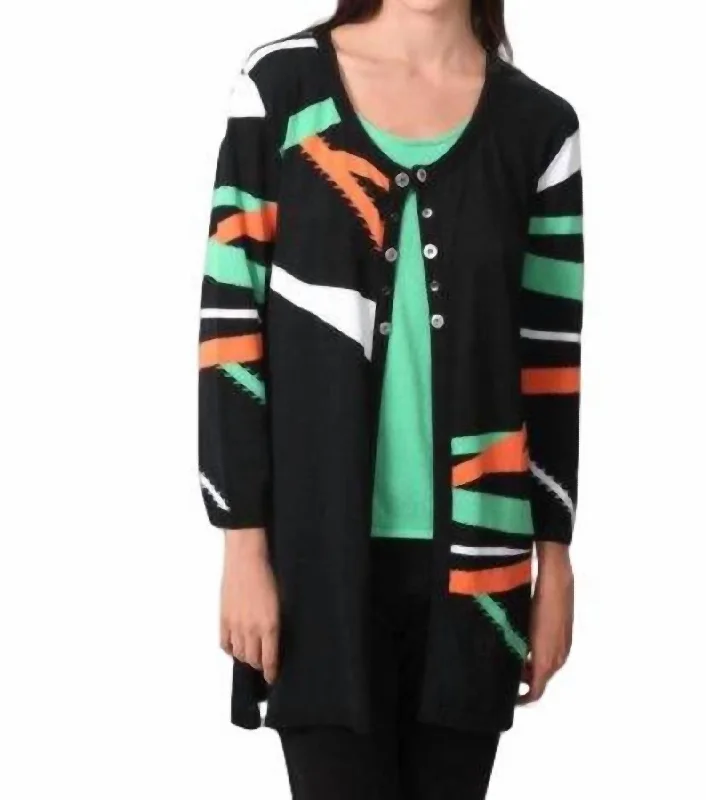 Retro Brights Long Cardigan In Black/orange